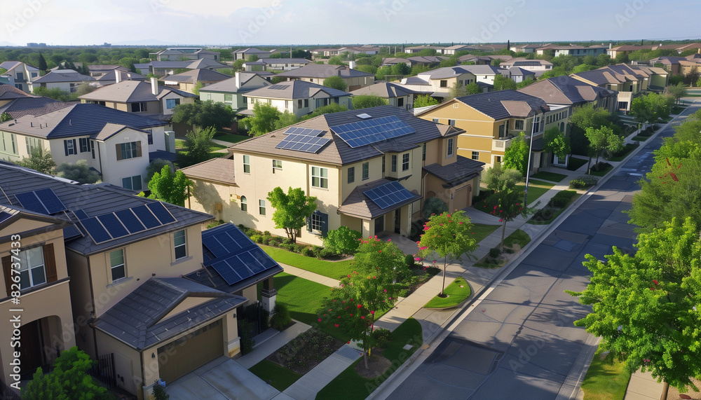 Modern Suburban Homes with Solar Panels and Green Lawns Modern Suburban Homes with Solar Panels and Green Lawns