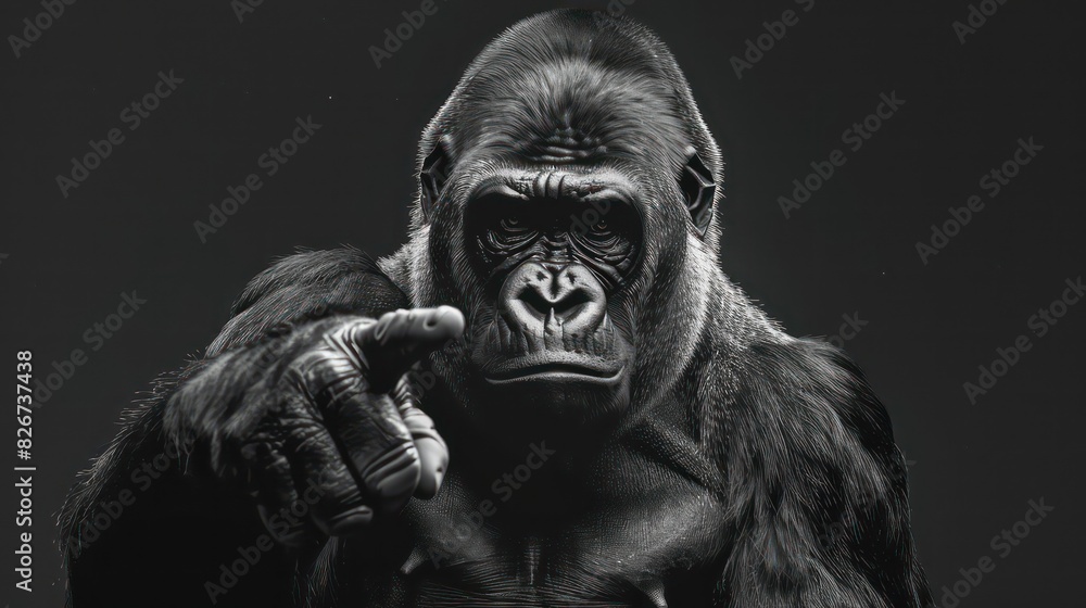Animated dancing gorilla pointing at the camera with one paw,Scratch board imitation in black and white.,