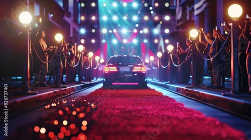Hollywood movie premiere red carpet. Movie star paparazzi flash bulbs with limo grand entrance. Luxury for the rich and famous photo