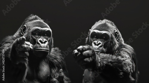 Animated dancing Gorillas pointing at the camera with one paw,Scratch board imitation in black and white photo