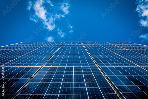 Tall Solar Panels Under Blue Sky with Clouds