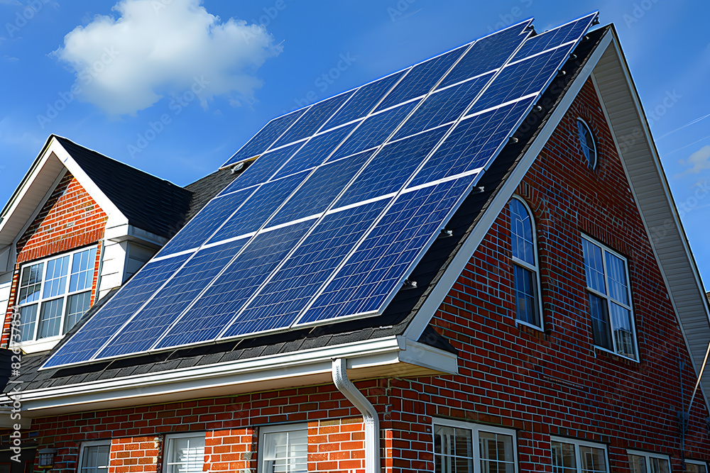 Solar panels installed on the roof rooftop of a residential modern house. The panels are arranged in rows and efficiently utilize available sunlight. Solar panels installed on the roof rooftop of a residential modern house. The panels are arranged in rows and efficiently utilize available sunlight.