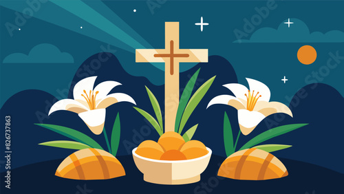 The scent of Easter lilies and the taste of freshly baked hot cross buns lingering in the air as the congregation sings.. Vector illustration
