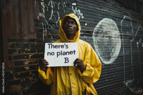 Supportive man in a yellow raincoat holding an environmental protest sign in front of a graffiti wall