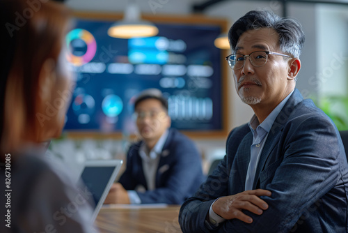 Senior Business Leader in a Meeting with Colleagues in a Modern Office