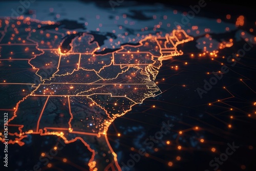 A map of the United States is lit up with orange dots