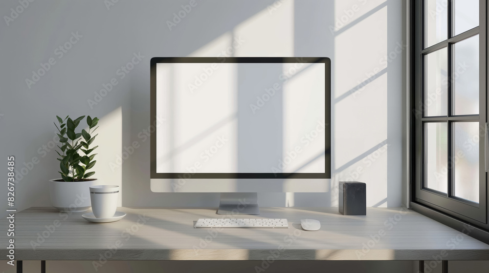 Blank Screen Desktop Computer Mockup on a Minimalist Office Desk Setup Blank Screen Desktop Computer Mockup on a Minimalist Office Desk Setup