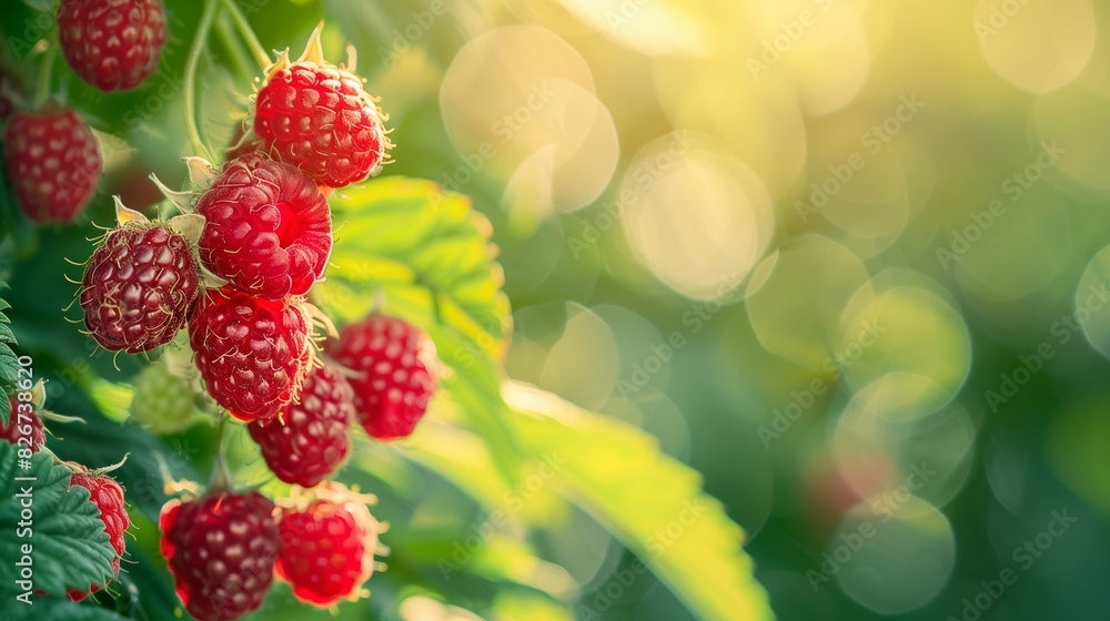 Close Up View of Ripe Raspberries on a Plant with Soft Green Background and Copy Space Close Up View of Ripe Raspberries on a Plant with Soft Green Background and Copy Space