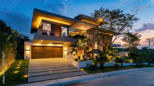 Modern house with beautiful landscape and outdoor lighting © Alizeh