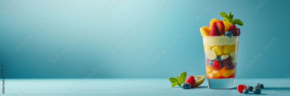 Layered Fruit Parfait in a Glass with Bright Colors on a Gradient Blue Background Layered Fruit Parfait in a Glass with Bright Colors on a Gradient Blue Background