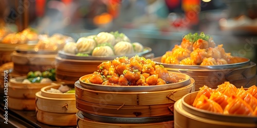 Capturing the Bustling Atmosphere of a Market with a Variety of Chinese Dim Sum Dish Offerings. Concept Candid Market Scenes  Chinese Dim Sum Delights  Bustling Atmosphere  Food Photography