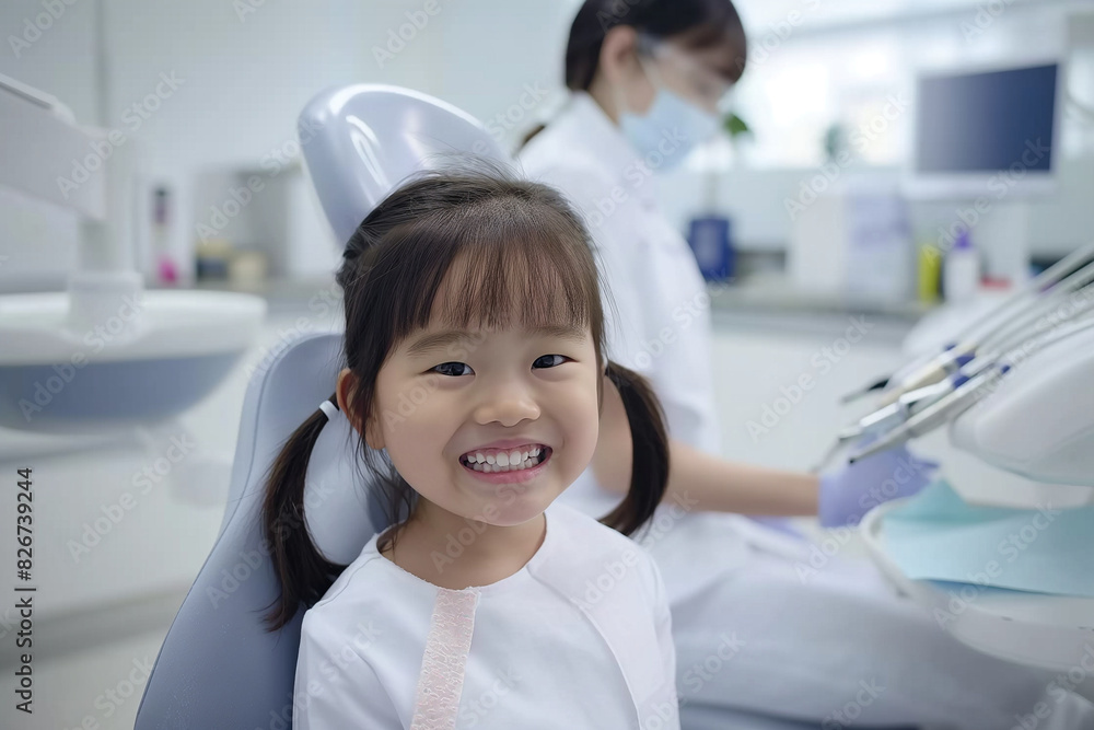 A young asian girl is sitting in a dentist's chair with a smile on her face A young asian girl is sitting in a dentist's chair with a smile on her face