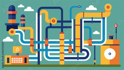Piping and machinery sprawled across the grounds resembling a metallic labyrinth.. Vector illustration