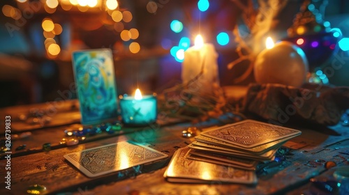 Mystic divination Tarot reading setup with cards and candlelight ambiance photo
