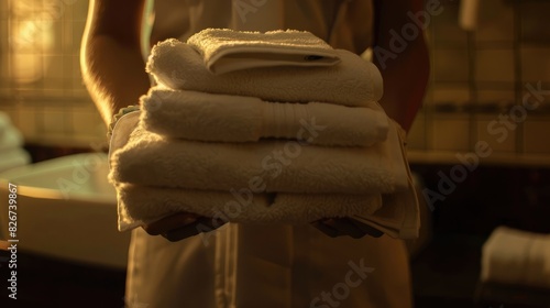 Neat presentation Close up of hotel maid arranging fresh towels