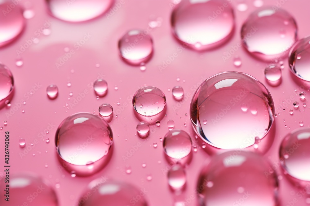 Water Droplets Close-Up With Reflections On A Glossy Pink Background. Generative AI Water Droplets Close-Up With Reflections On A Glossy Pink Background. Generative AI