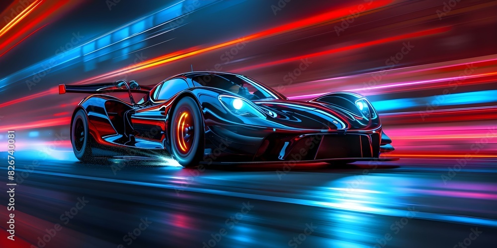 Futuristic Track Racing: High-Speed Neon Supercars Illuminate with Vibrant Lights and Technology. Concept Futuristic Racing, High-Speed Supercars, Neon Lights, Technology, Vibrant Colors