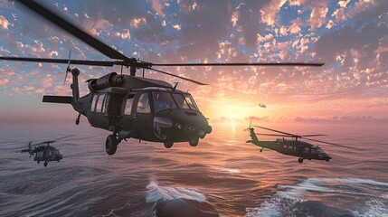 Handdoek met foto Helikopter Black Hawk helikopters bij zonsopkomst  © TheWaterMeloonProjec