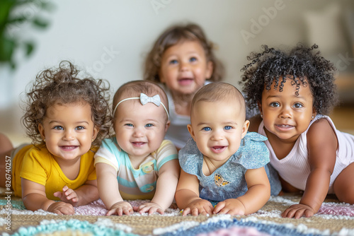 A group of babies are laying on a rug, with one of them wearing a yellow shirt. Kids diversity, multiracial group of toddlers