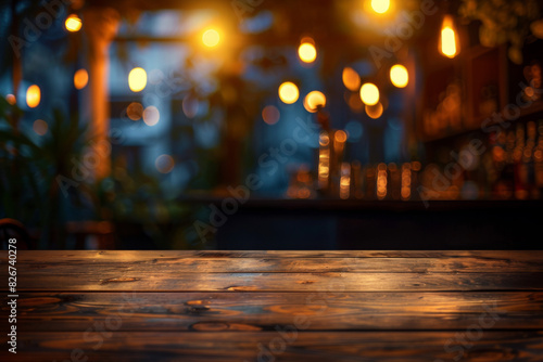 Empty wood table top on blur light gold bokeh of cafe restaurant in dark background 