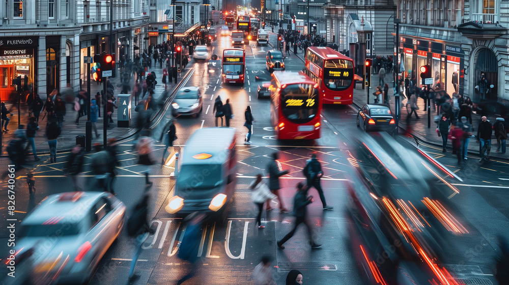 Fototapeta premium City of London Busy Street Scene: People Crossing Road, Cars, Buses