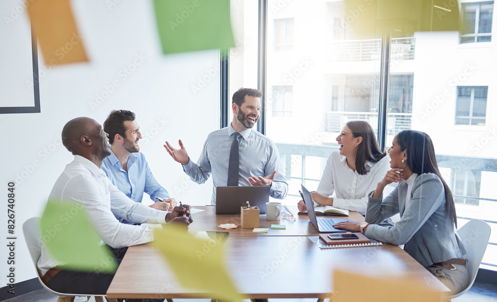 Collaboration, meeting or workshop and team of business people in office boardroom with sticky notes on glass. Development, planning or seminar with man and woman employee group at work for training