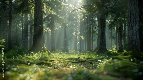 Natural beauty of a forest clearing with sunlight filtering through