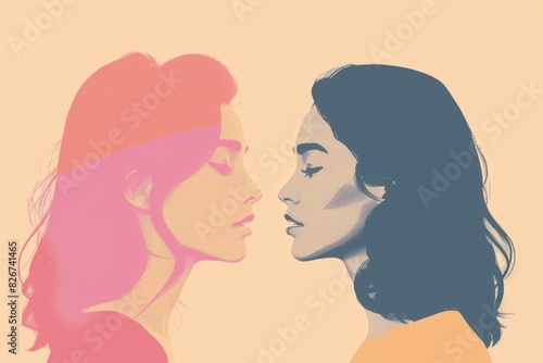 Lesbian couple kissing. Female couple in love. Pop art style. Pride Month, Pride Day. Pride girls love concept. Diversity, freedom and pride LGBT people. Illustration for banner, poster, postcard