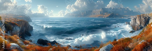 panoramic view of a coastal hunting scene with waves crashing against cliffs captured using HDR photography for vivid colors and details photo