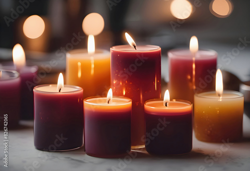 Beautiful red candles of different sizes burn on table in darkness  closeup