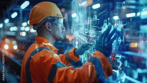 welder at work  in a hard hat and safety gear working on a computer screen in a server room with lights