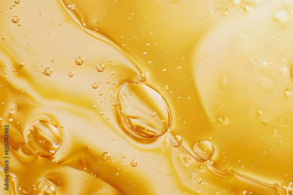 Photo of A closeup shot of a few oil bubbles in yellow oil liquid, solid color background, with light beige and amber hues