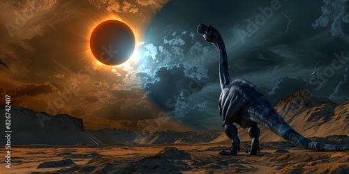 A solitary dinosaur watches the disappearing moon during an eclipse. Concept Fantasy, Dinosaurs, Moon, Eclipse, Solitude photo