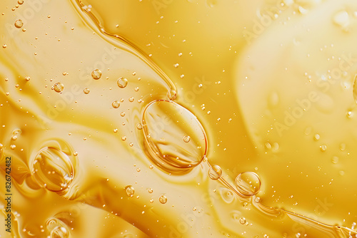 Obraz na płótnie Photo of A closeup shot of a few oil bubbles in yellow oil liquid, solid color background, with light beige and amber hues w salonie