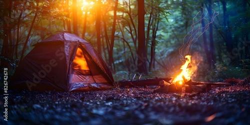 Cozy campsite in forest clearing with inviting campfire ideal for outdoor enthusiasts. Concept Camping, Campfire, Forest, Outdoors, Cozy photo