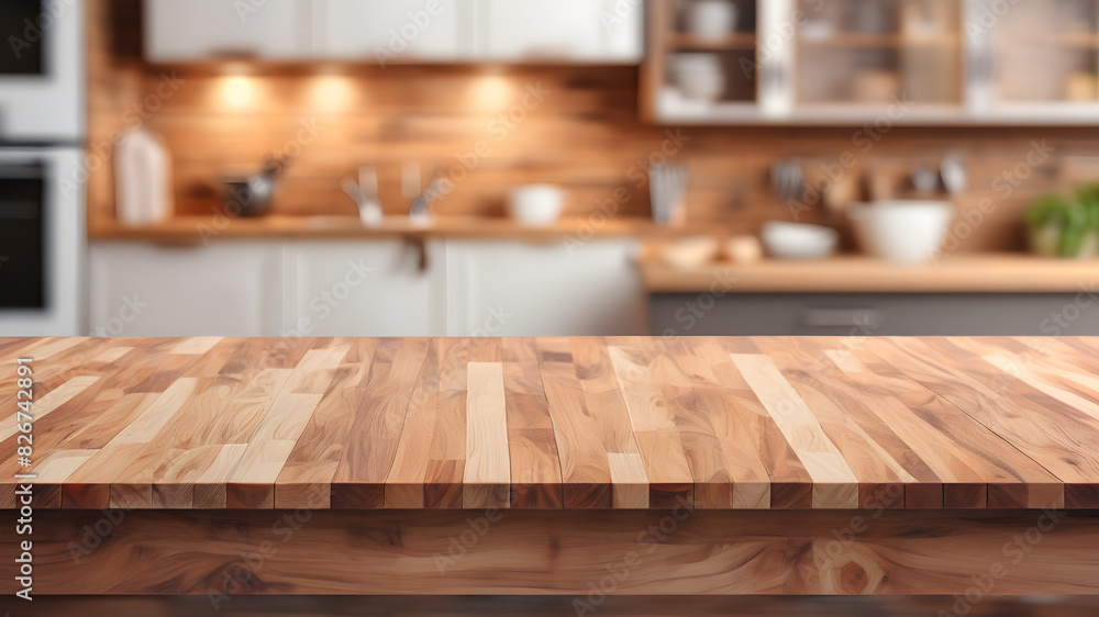Wood table top on blurred kitchen background. can be used mock up for montage products display or design layout, Generative AI Wood table top on blurred kitchen background. can be used mock up for montage products display or design layout, Generative AI