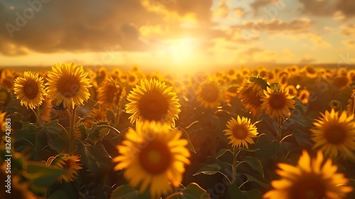 Natural beauty of a field of sunflowers under a golden sky at sunset
