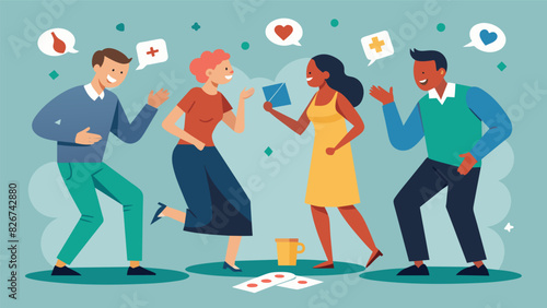 A competitive game of couples charades where spouses have to act out clues together.. Vector illustration