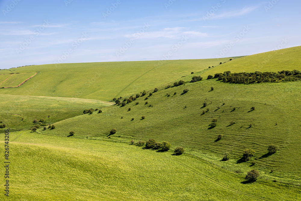 Looking over a green hillside in the South Downs, at Mount Caburn, near Lewes