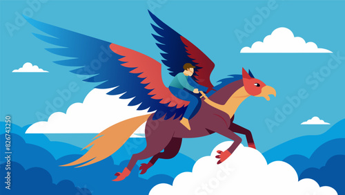 A race on the back of a giant eagle zooming through the clouds and battling against rival riders on Pegasus.. Vector illustration