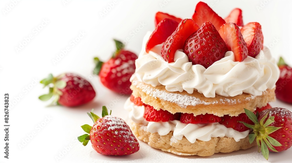 High Contrast Strawberry Shortcake with Whipped Cream on a White Background High Contrast Strawberry Shortcake with Whipped Cream on a White Background