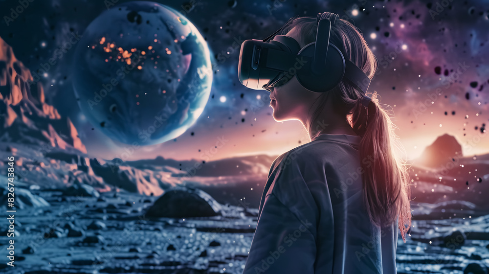 Woman wearing virtual reality glasses playing a realistic video game of a fantasy space world Woman wearing virtual reality glasses playing a realistic video game of a fantasy space world
