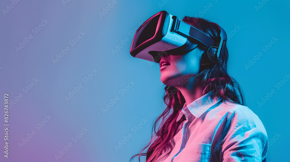 Woman using virtual reality glasses with neon lights Woman using virtual reality glasses with neon lights