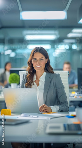 Confident Young Businesswoman Working at Desk in Modern Open Plan Office