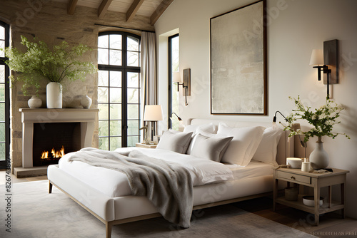 French country interior design of modern bedroom in farmhouse. 