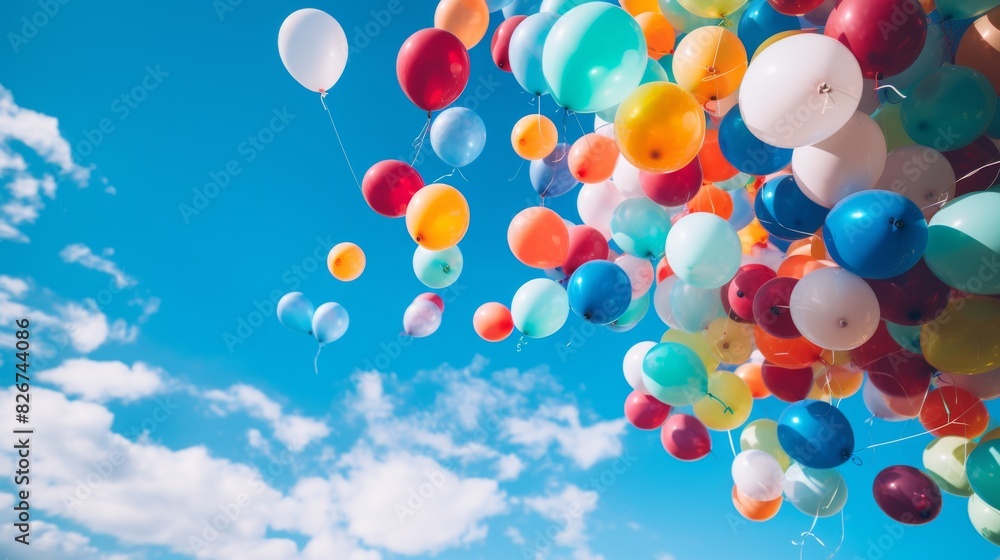 Festive Atmosphere Captured As Colorful Balloons Float Upwards On A Sunny Day. Generative AI Festive Atmosphere Captured As Colorful Balloons Float Upwards On A Sunny Day. Generative AI