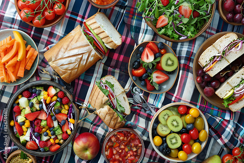 Top view of a picnic on a plaid blanket with a variety of sandwiches, fruit and colorful salads