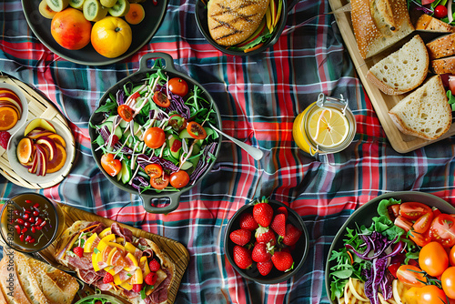Top view of a picnic on a plaid blanket with a variety of sandwiches  fruit and colorful salads