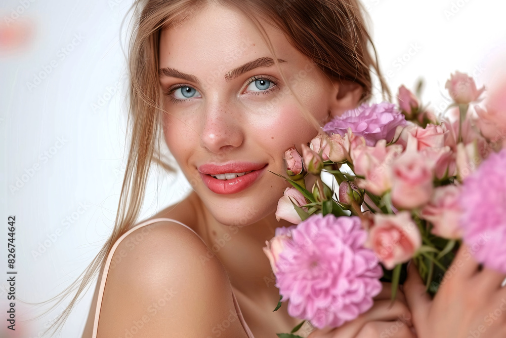 Young Woman in 20s Smiling with Pink Flowers in Hand Indoors Young Woman in 20s Smiling with Pink Flowers in Hand Indoors