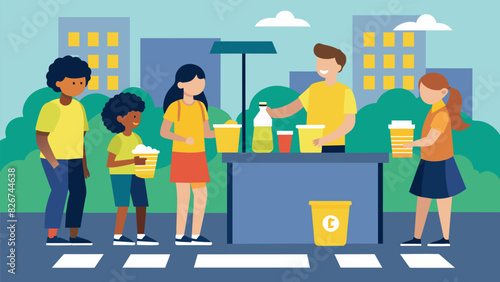 Members of the church youth group set up a lemonade stand at a busy intersection with all proceeds going towards a local homeless shelter.. Vector illustration